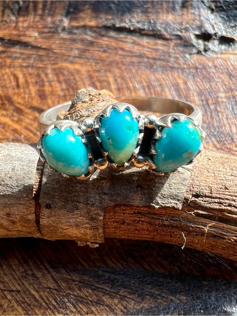 Sterling Silver Kingman Turquoise Three Stone Stacker Ring Size 10.5 Adjustable